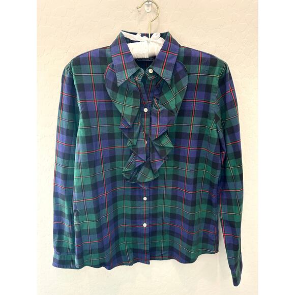 🆕 AMERICAN LIVING | Green Plaid Tuxedo Ruffle Classic Long Sleeve Blouse |Small - Picture 1 of 7